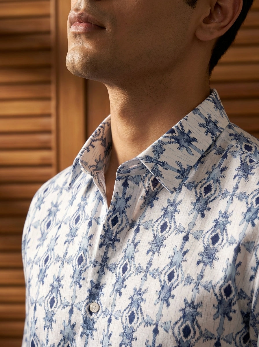 Sky Blue Ikkat Printed Designer Full Sleeve Shirt