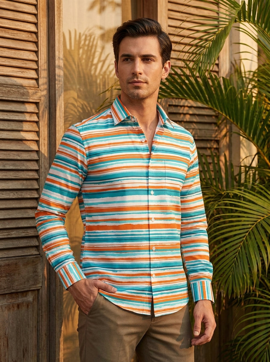 Orange And Sky Striped Printed Designer Full Sleeve Shirt