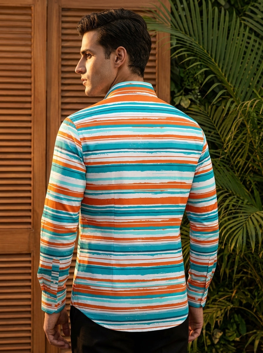 Orange And Sky Striped Printed Designer Full Sleeve Shirt