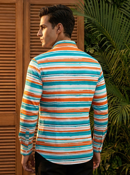 Orange And Sky Striped Printed Designer Full Sleeve Shirt