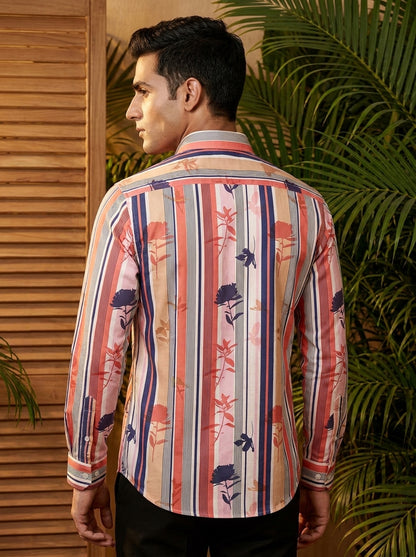 Pink And Blue Striped Printed Designer Full Sleeve Shirt
