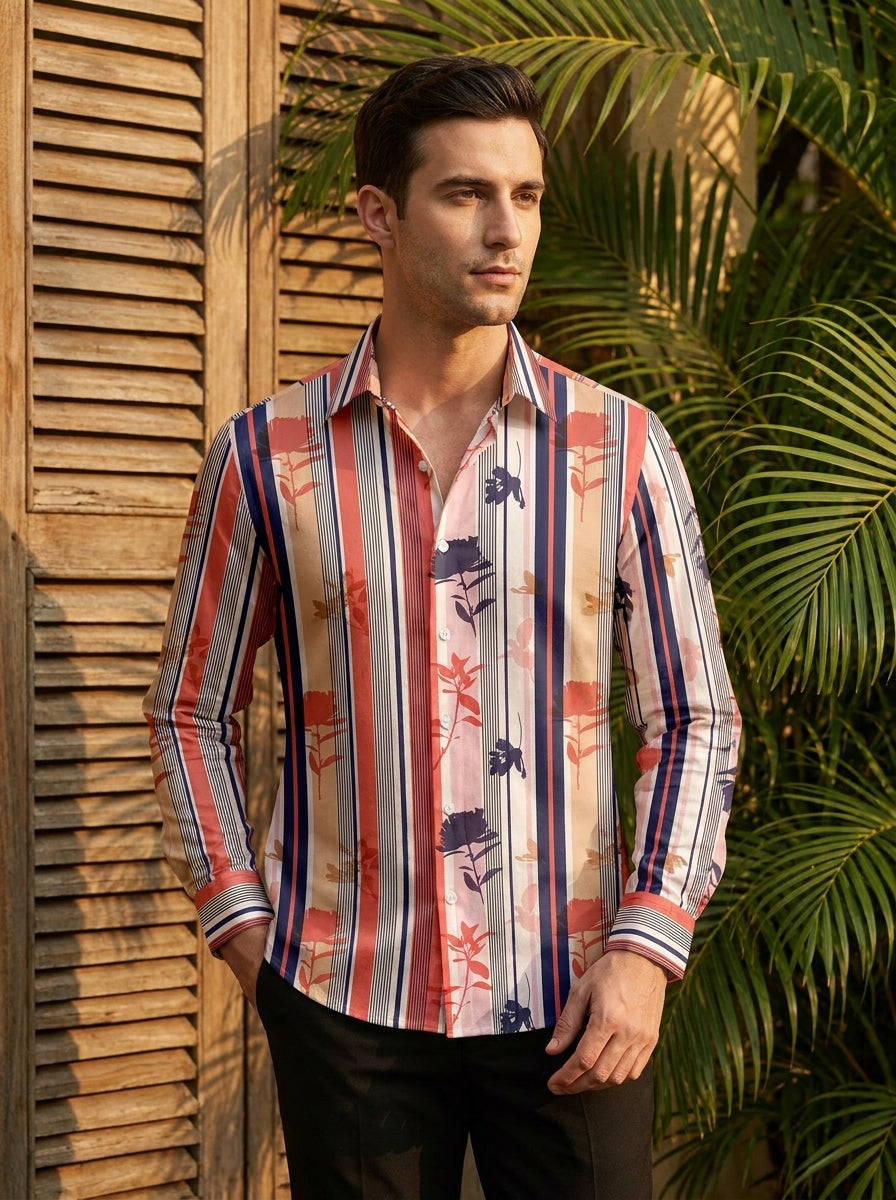 Pink And Blue Striped Printed Designer Full Sleeve Shirt