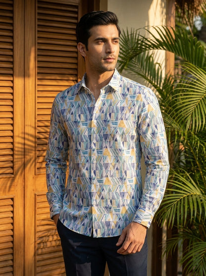 White Multicolor Abstract Printed Designer Full Sleeve Shirt