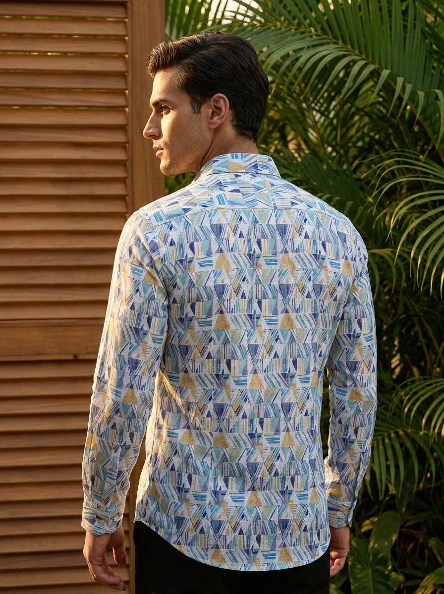 White Multicolor Abstract Printed Designer Full Sleeve Shirt