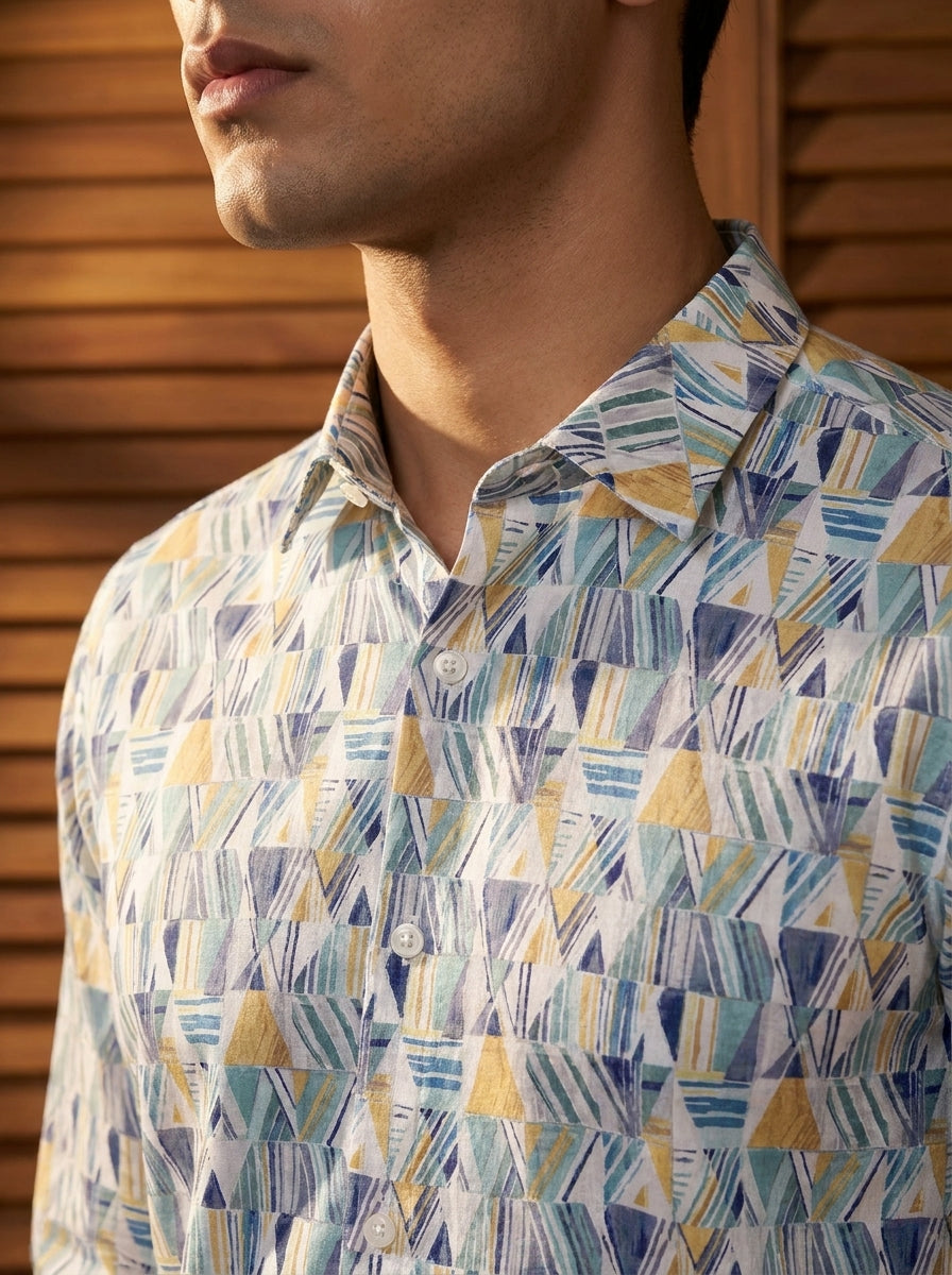 White Multicolor Abstract Printed Designer Full Sleeve Shirt