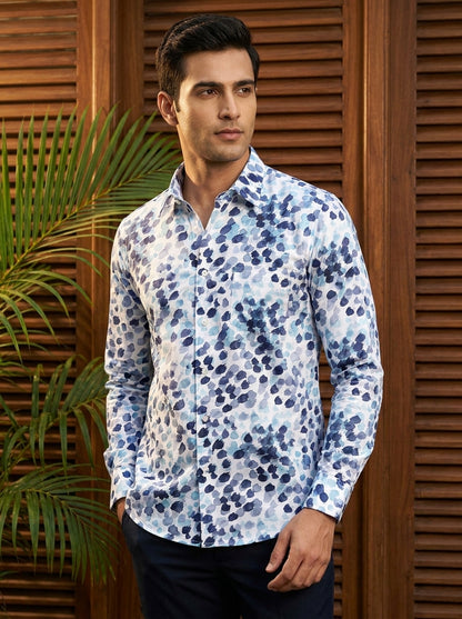 White And Blue Abstract Printed Full Sleeve Shirt