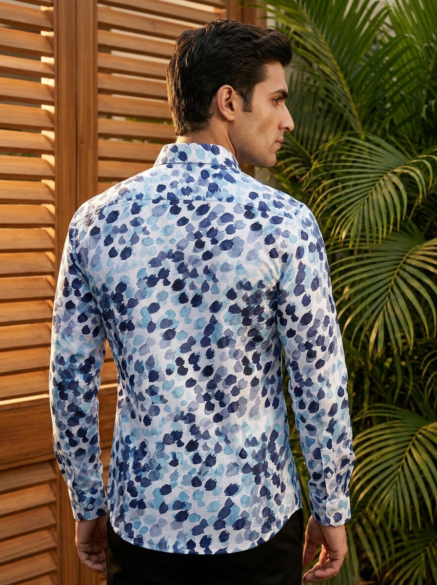 White And Blue Abstract Printed Full Sleeve Shirt