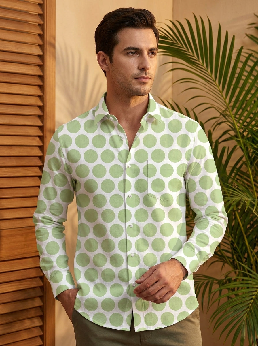 White And Olive Polka Dot Printed Full Sleeve Shirt