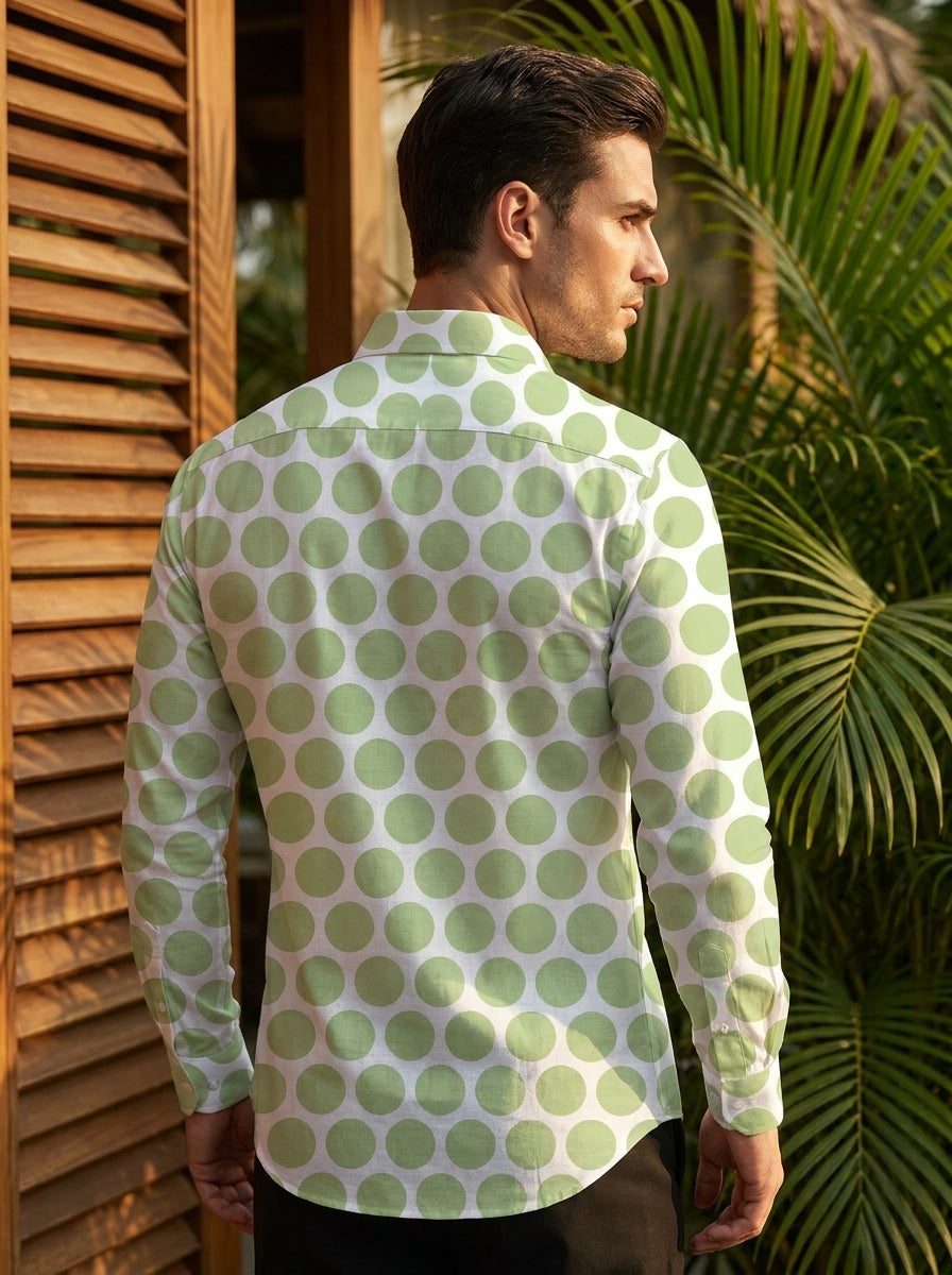 White And Olive Polka Dot Printed Full Sleeve Shirt