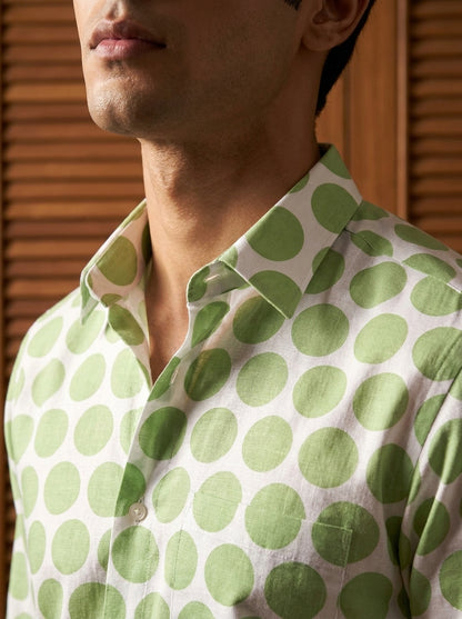 White And Olive Polka Dot Printed Full Sleeve Shirt