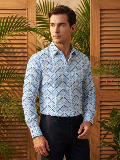 White And Sky Blue Triangle Pattern Printed Full Sleeve Shirt