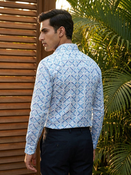 White And Sky Blue Triangle Pattern Printed Full Sleeve Shirt