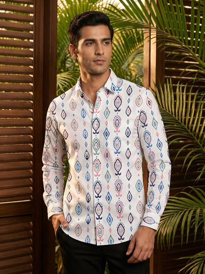 White Multicolor Ikkat Printed Full Sleeve Shirt