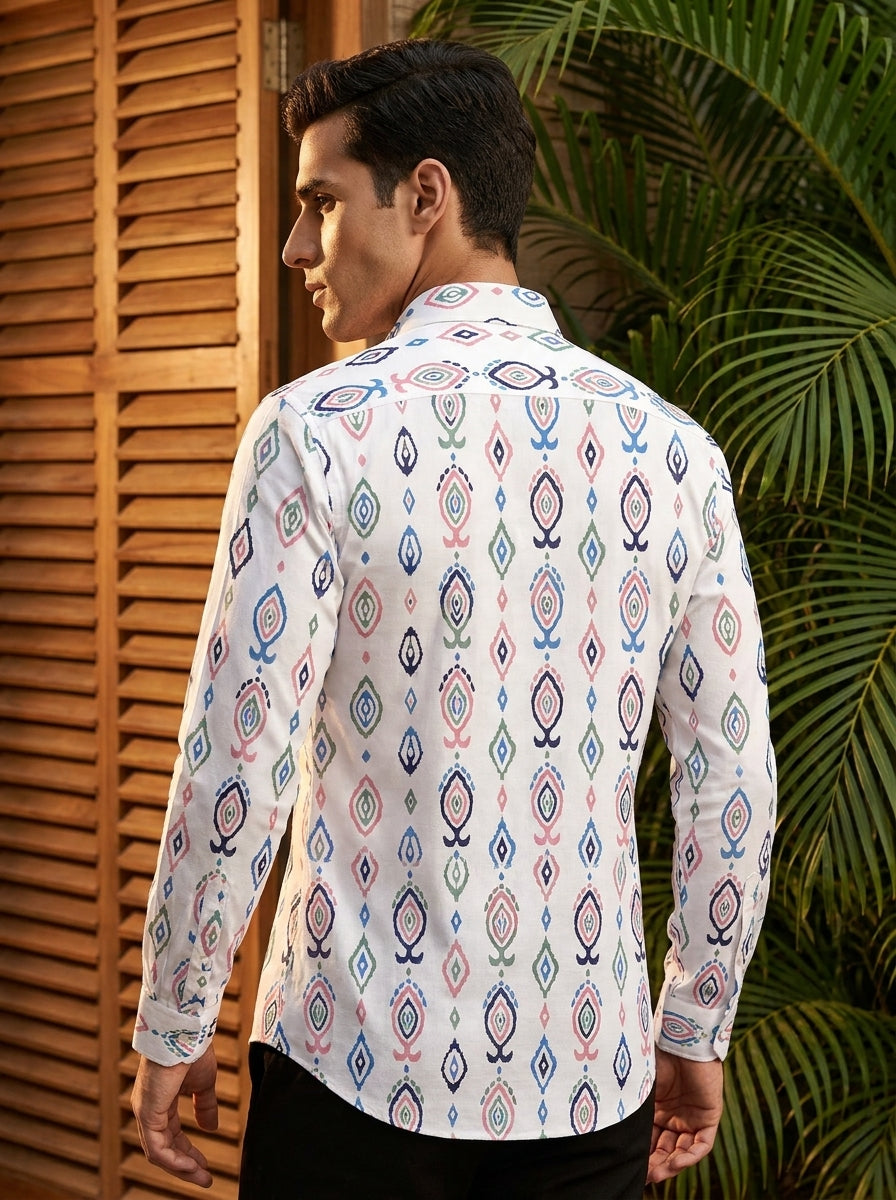 White Multicolor Ikkat Printed Full Sleeve Shirt