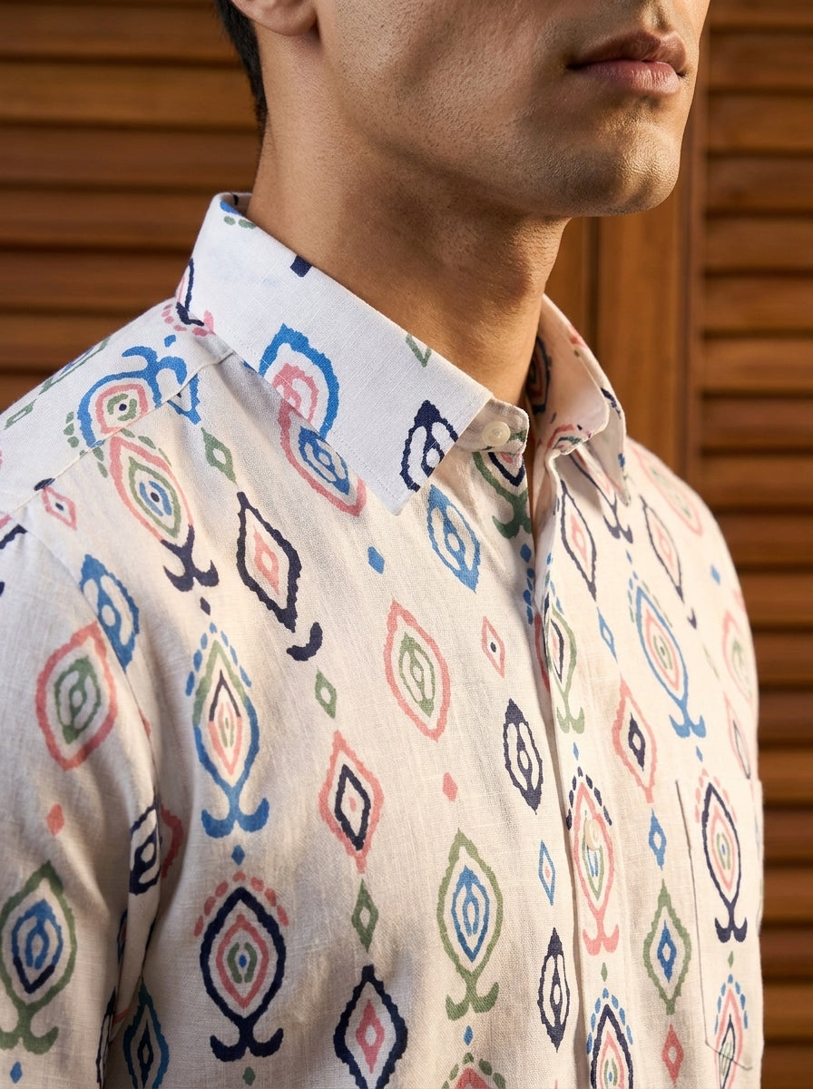 White Multicolor Ikkat Printed Full Sleeve Shirt