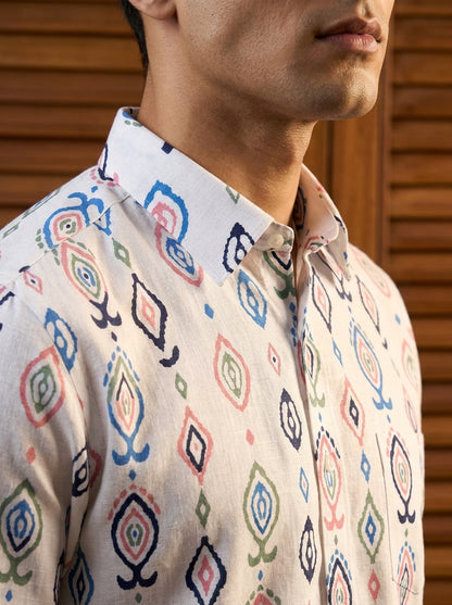 White Multicolor Ikkat Printed Full Sleeve Shirt