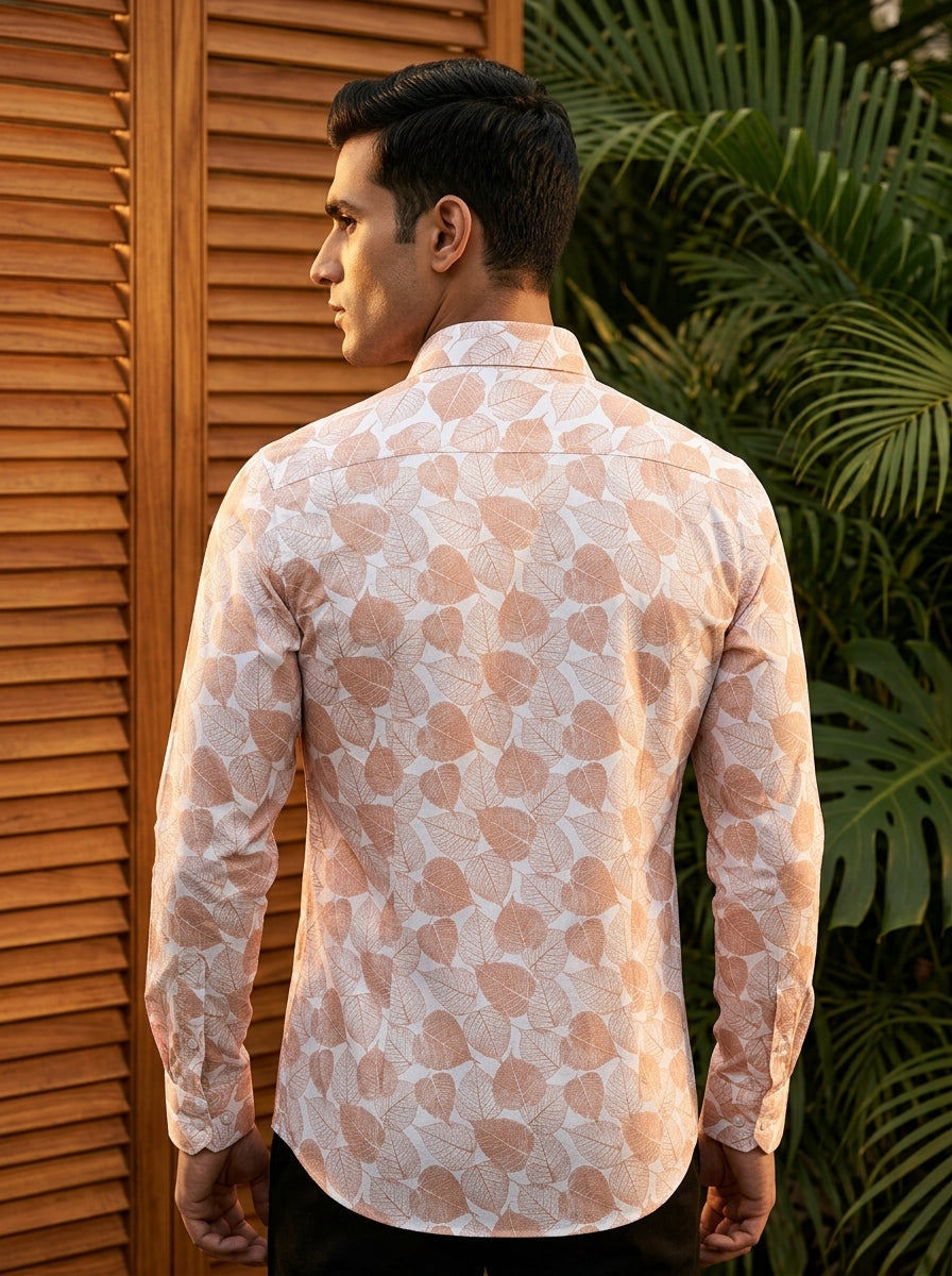 White And Orange Leaf Printed Full Sleeve Shirt