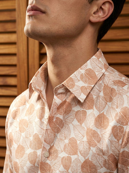 White And Orange Leaf Printed Full Sleeve Shirt