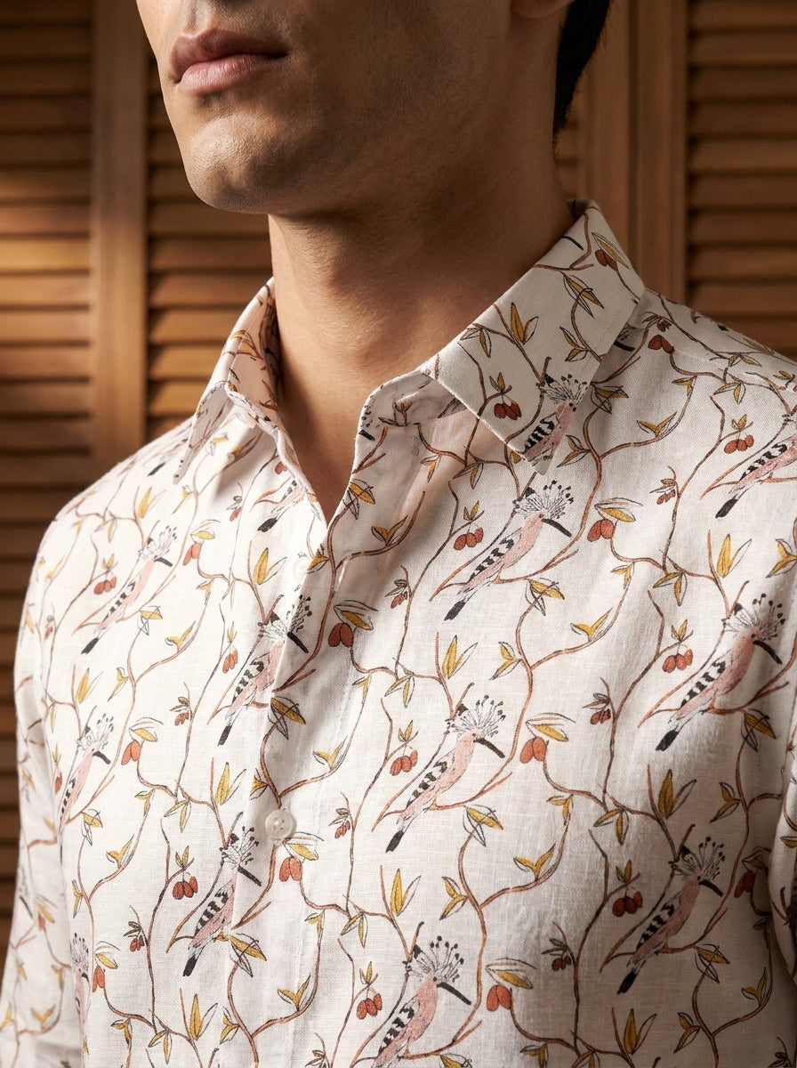 White And Pink Birds Printed Full Sleeve Shirt