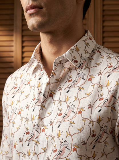 White And Pink Birds Printed Full Sleeve Shirt