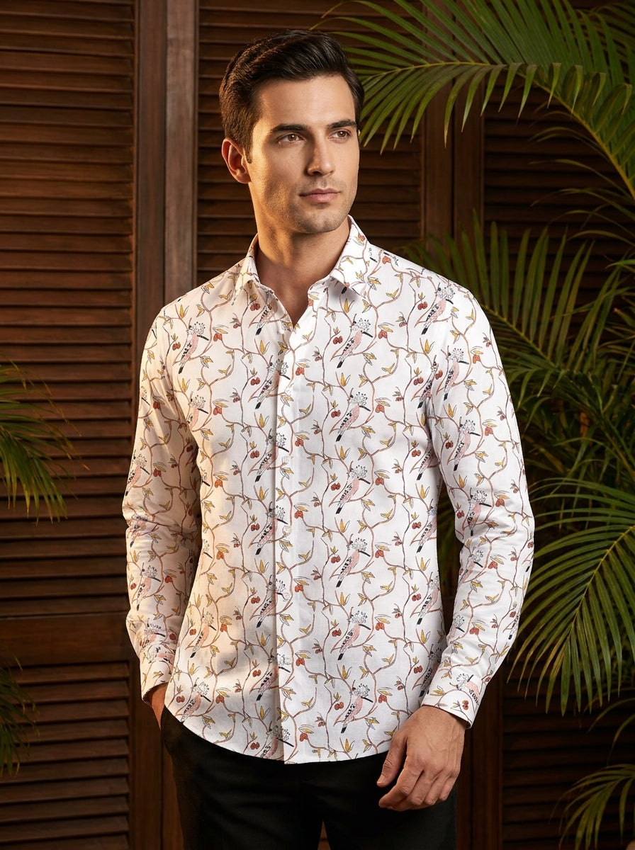 White And Pink Birds Printed Full Sleeve Shirt