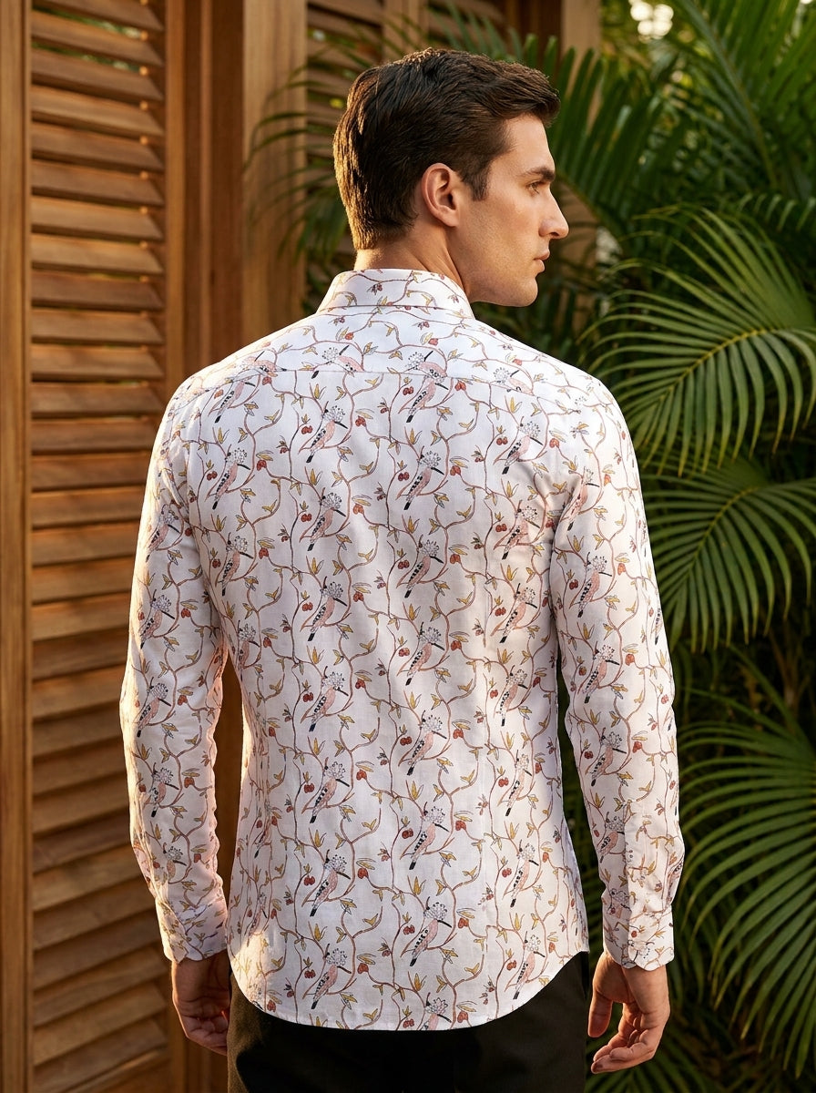 White And Pink Birds Printed Full Sleeve Shirt