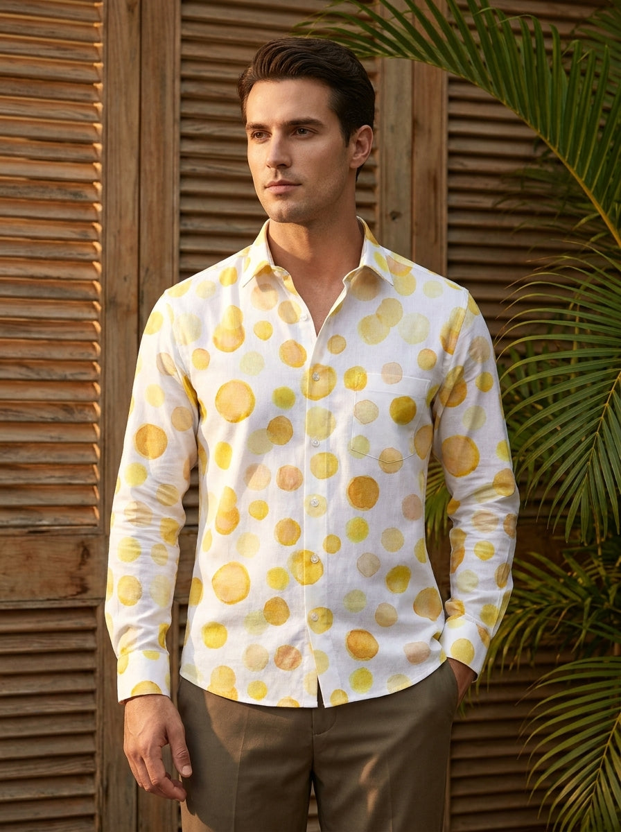 White And Mustard Painted Polka Dot Printed Full Sleeve Shirt
