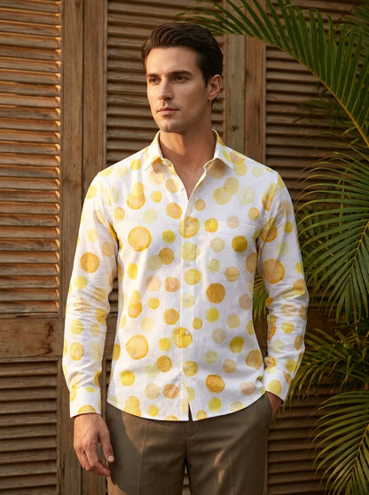 White And Mustard Painted Polka Dot Printed Full Sleeve Shirt