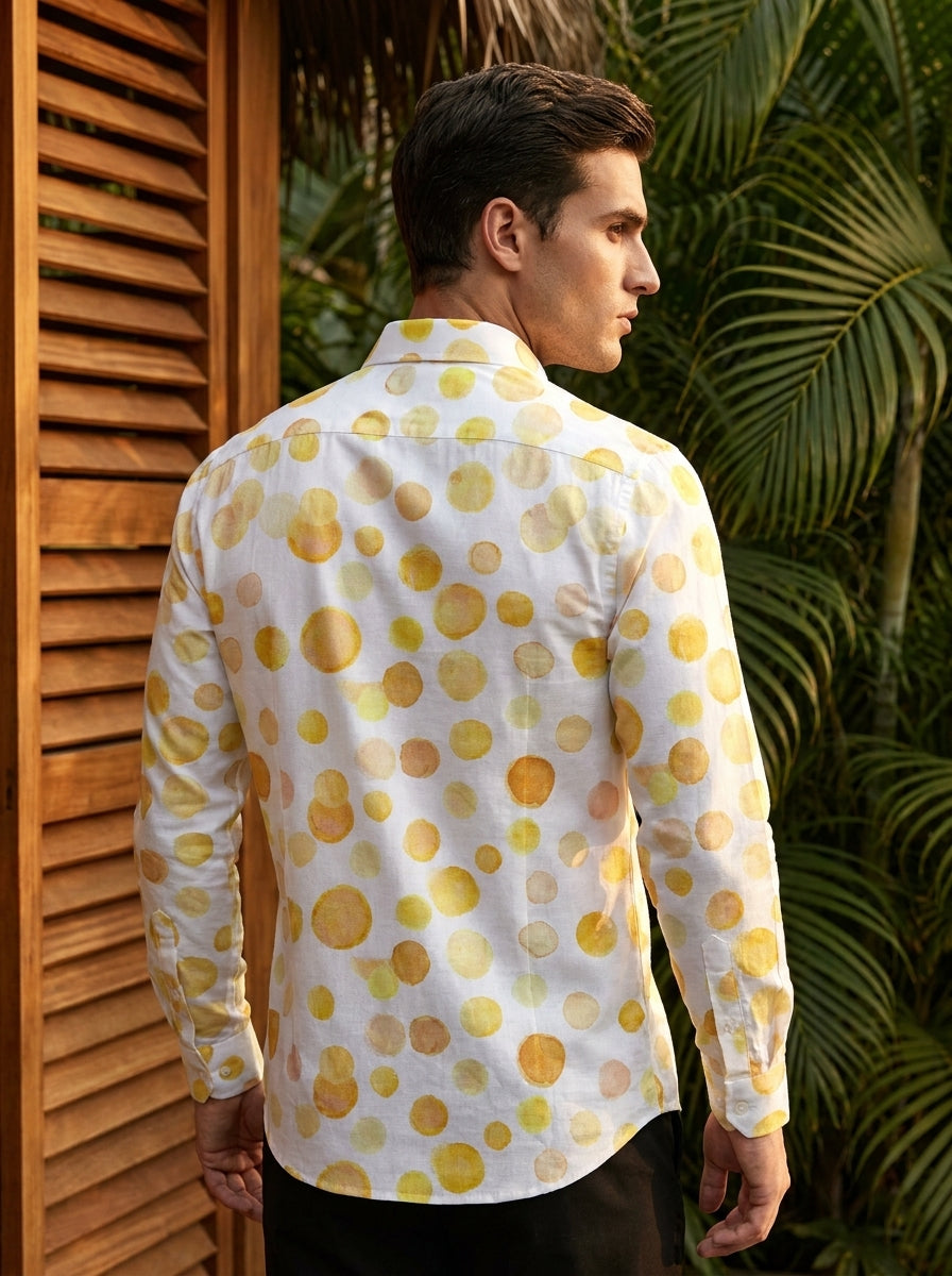 White And Mustard Painted Polka Dot Printed Full Sleeve Shirt