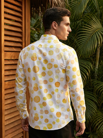 White And Mustard Painted Polka Dot Printed Full Sleeve Shirt