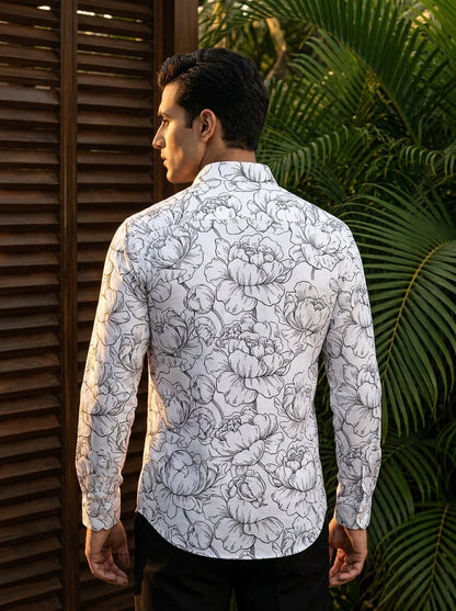 White And Black Flower Printed Full Sleeve Shirt