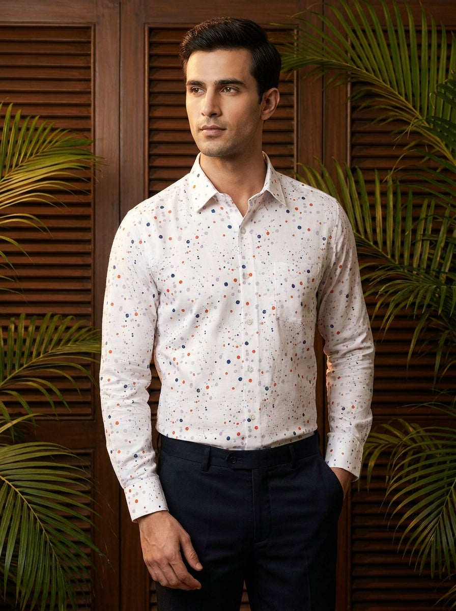 White Multicolor Dot Printed Full Sleeve Shirt