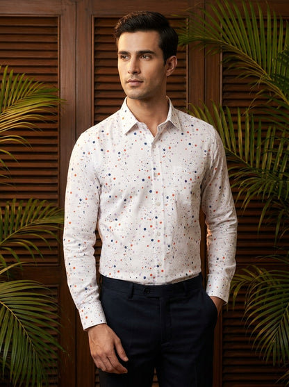 White Multicolor Dot Printed Full Sleeve Shirt