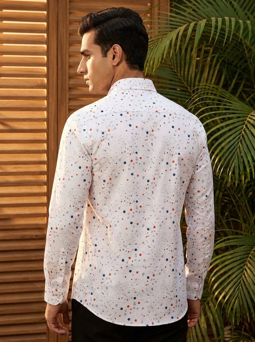 White Multicolor Dot Printed Full Sleeve Shirt