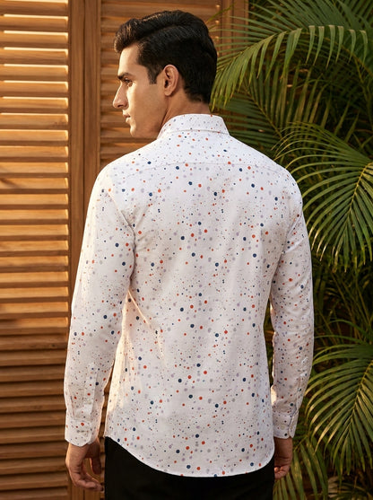 White Multicolor Dot Printed Full Sleeve Shirt