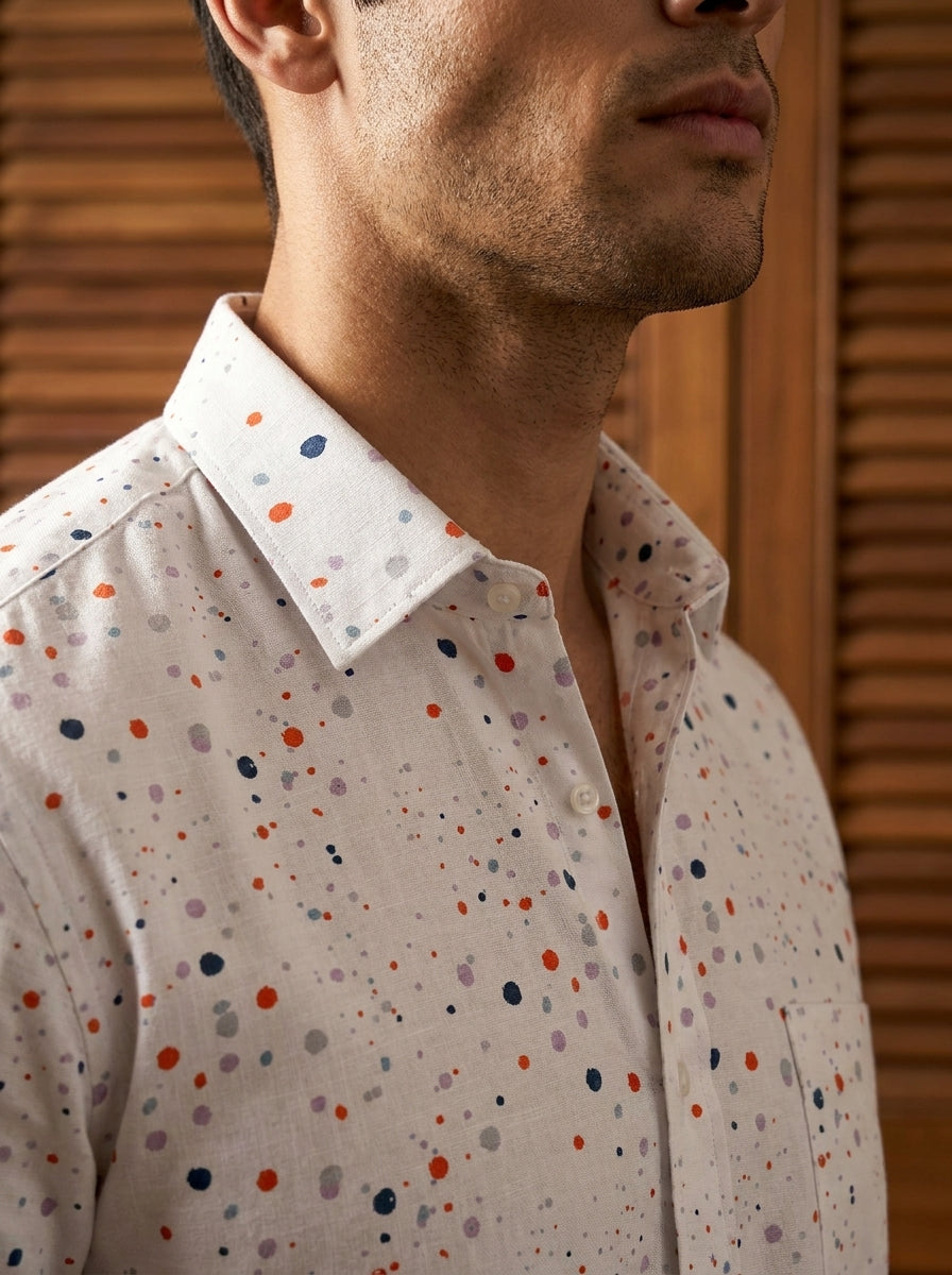 White Multicolor Dot Printed Full Sleeve Shirt