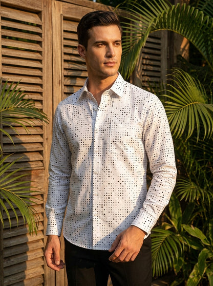 White And Black Abstract Dot Printed Full Sleeve Shirt