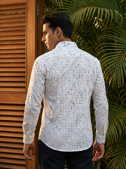 White And Black Abstract Dot Printed Full Sleeve Shirt