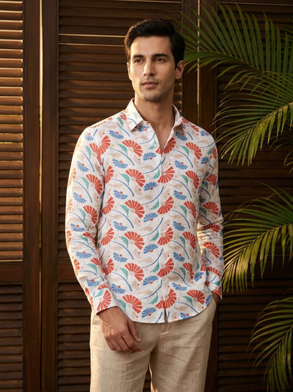 White And Blue Flower Printed Full Sleeve Shirt
