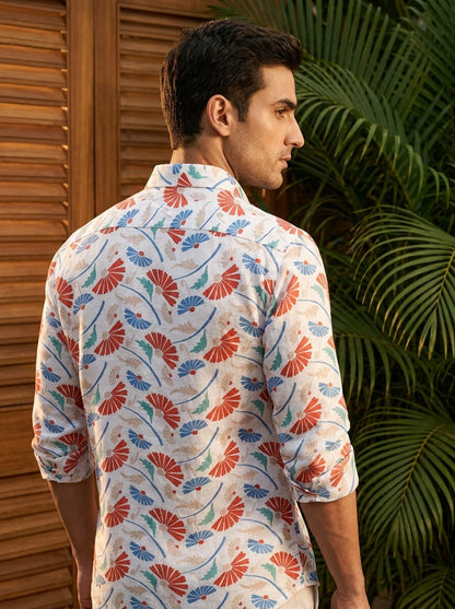 White And Blue Flower Printed Full Sleeve Shirt