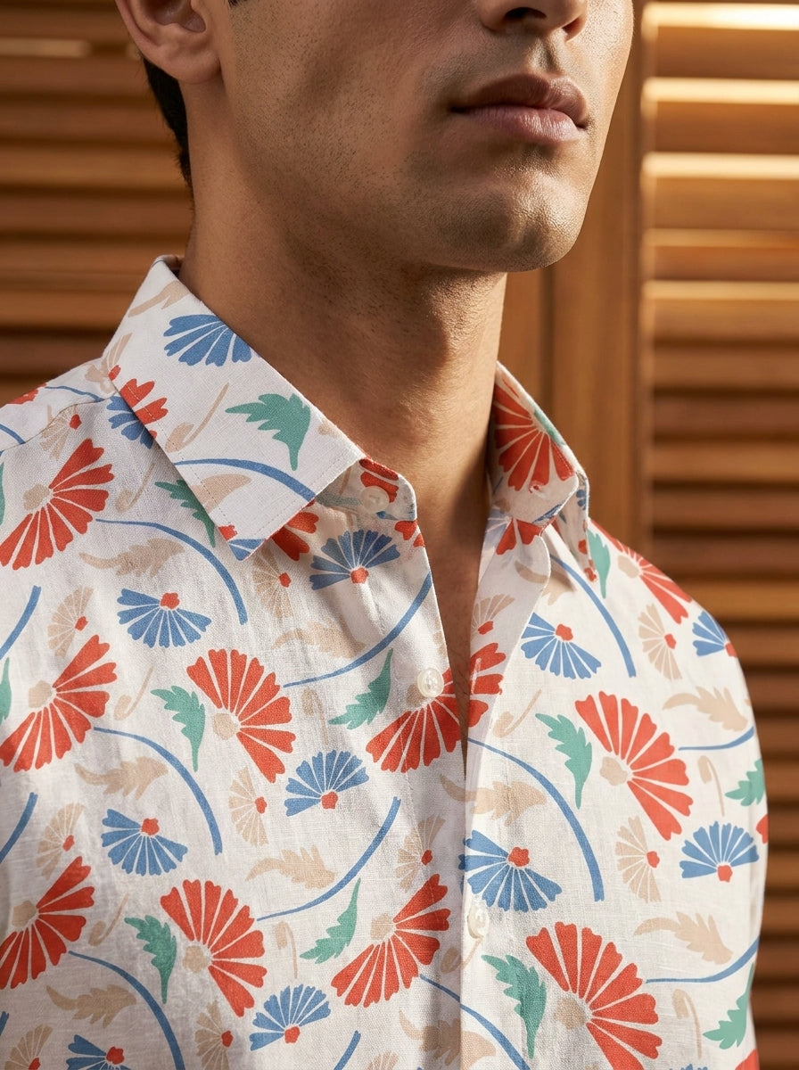 White And Blue Flower Printed Full Sleeve Shirt