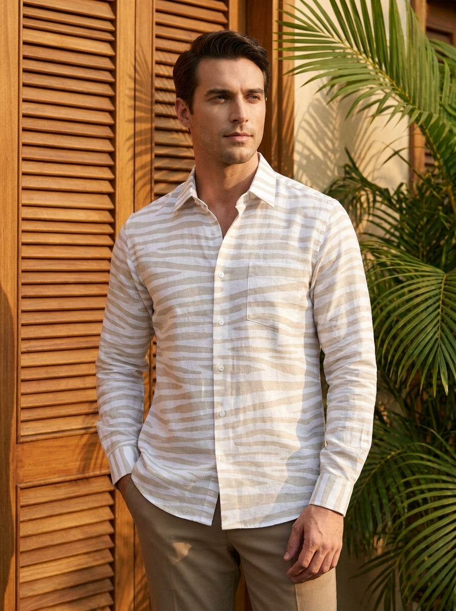 White And Cream Zebra Pattern Printed Full Sleeve Shirt