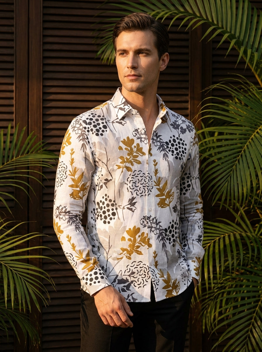 White And Grey Flower And Leaf Printed Full Sleeve Shirt