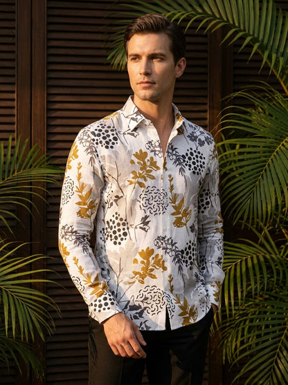 White And Grey Flower And Leaf Printed Full Sleeve Shirt