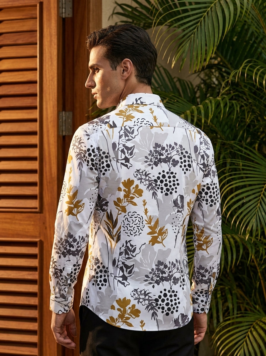 White And Grey Flower And Leaf Printed Full Sleeve Shirt