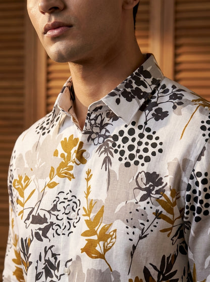 White And Grey Flower And Leaf Printed Full Sleeve Shirt