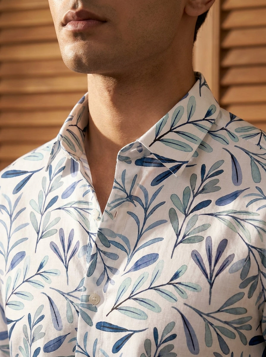 White And Blue Leaf Printed Full Sleeve Shirt