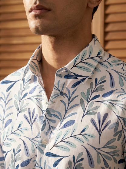 White And Blue Leaf Printed Full Sleeve Shirt