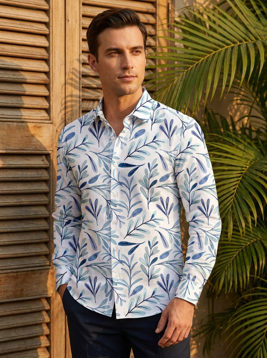 White And Blue Leaf Printed Full Sleeve Shirt