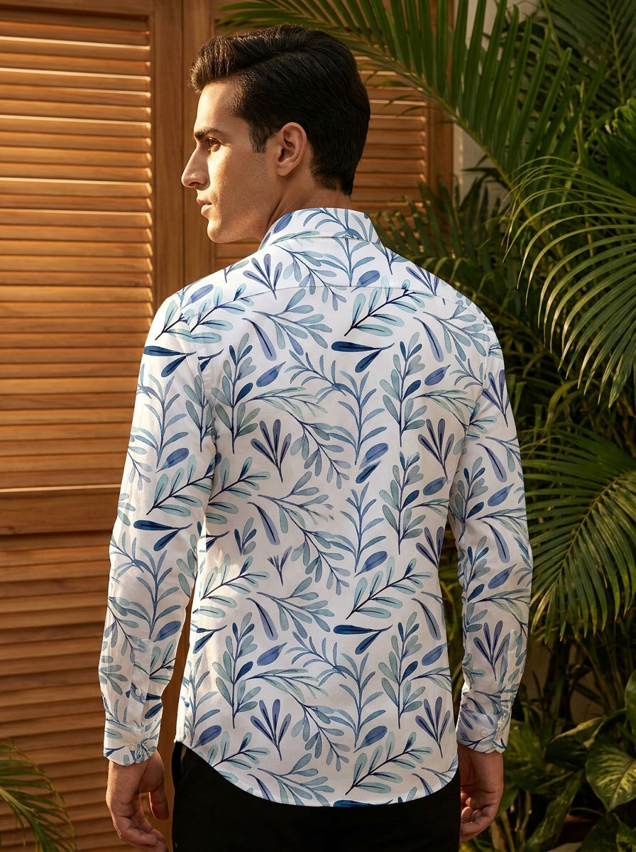 White And Blue Leaf Printed Full Sleeve Shirt